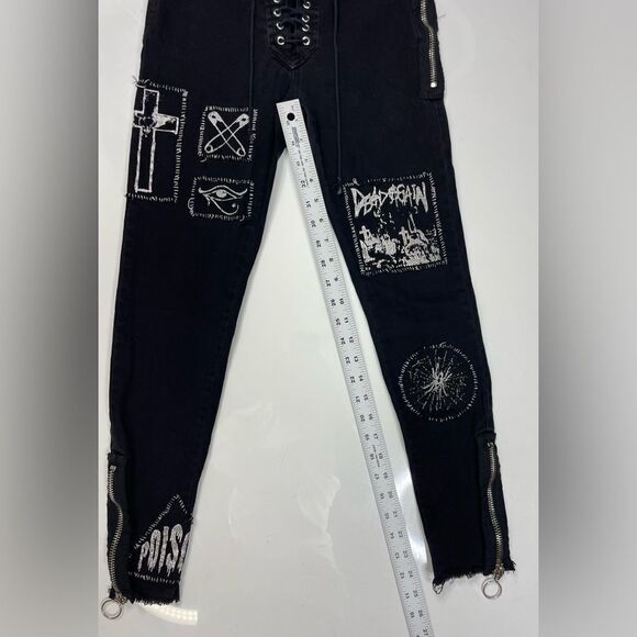 Dolls Kill Current Mood Miss Murder Lace Up Patch Denim Jeans Women Small - Picture 11 of 12